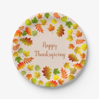 Happy Thanksgiving Autumn Leaves on Beige