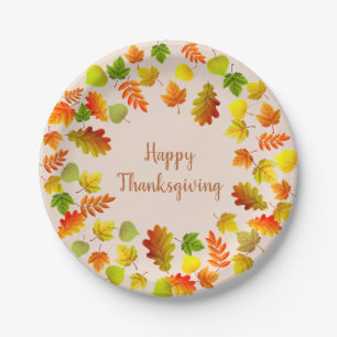 Happy Thanksgiving Autumn Leaves on Beige Paper Plates