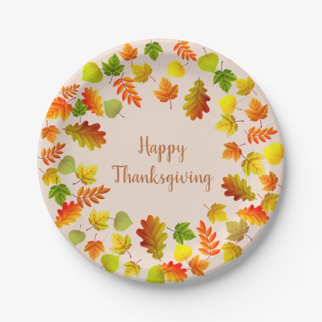 Happy Thanksgiving Autumn Leaves on Beige Paper Plates (Front)