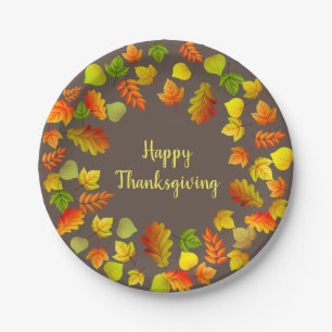 Happy Thanksgiving Autumn Leaves on Brown Paper Plates