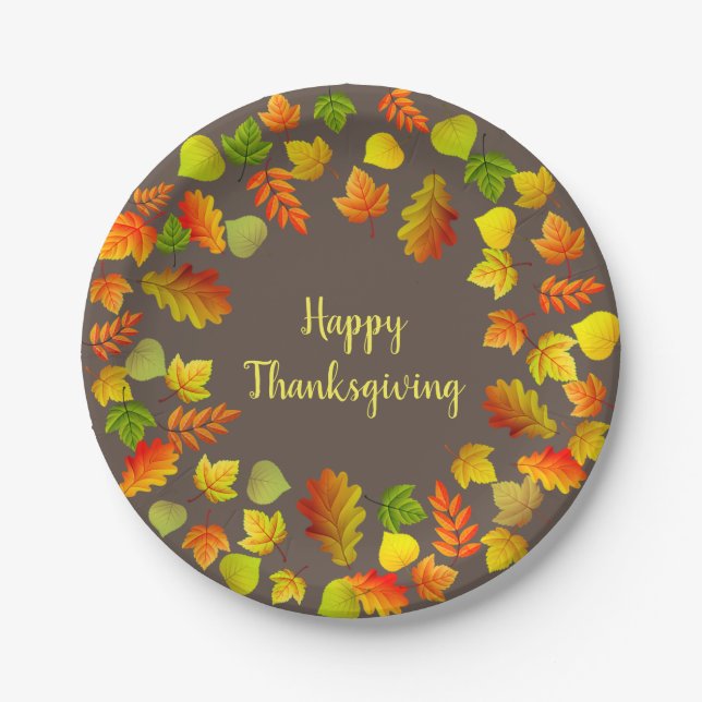 Happy Thanksgiving Autumn Leaves on Brown Paper Plates (Front)
