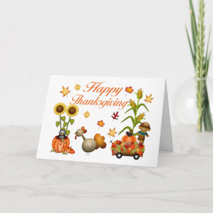 Happy Thanksgiving Autumn Leaves Pumpkin & Turkey Holiday Card