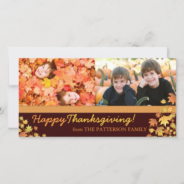 Happy Thanksgiving Autumn Leaves Two Photo Holiday Card (Front)