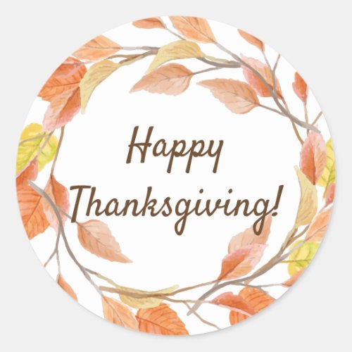 Happy Thanksgiving Autumn Leaves Wreath Classic Round Sticker