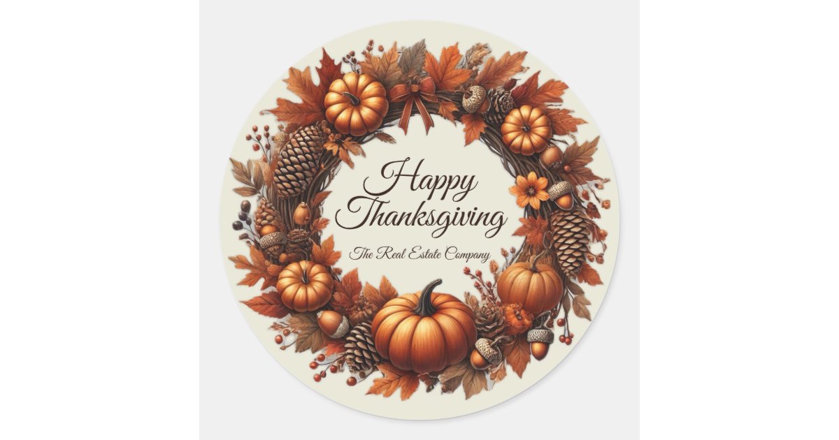 Happy Thanksgiving Autumn Leaves Wreath Company Classic Round Sticker ...
