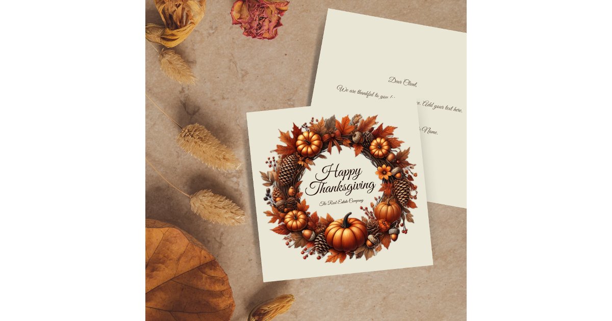Happy Thanksgiving Autumn Leaves Wreath Company Holiday Card | Zazzle
