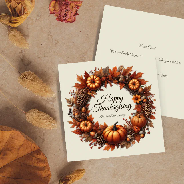 Happy Thanksgiving Autumn Leaves Wreath Company Holiday Card
