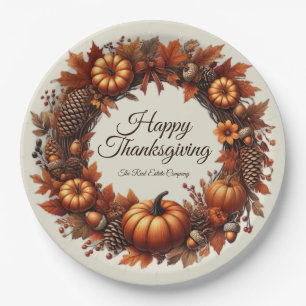 Happy Thanksgiving Autumn Leaves Wreath Company Paper Plates
