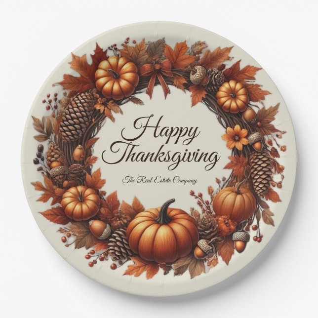 Happy Thanksgiving Autumn Leaves Wreath Company Paper Plates (Front)
