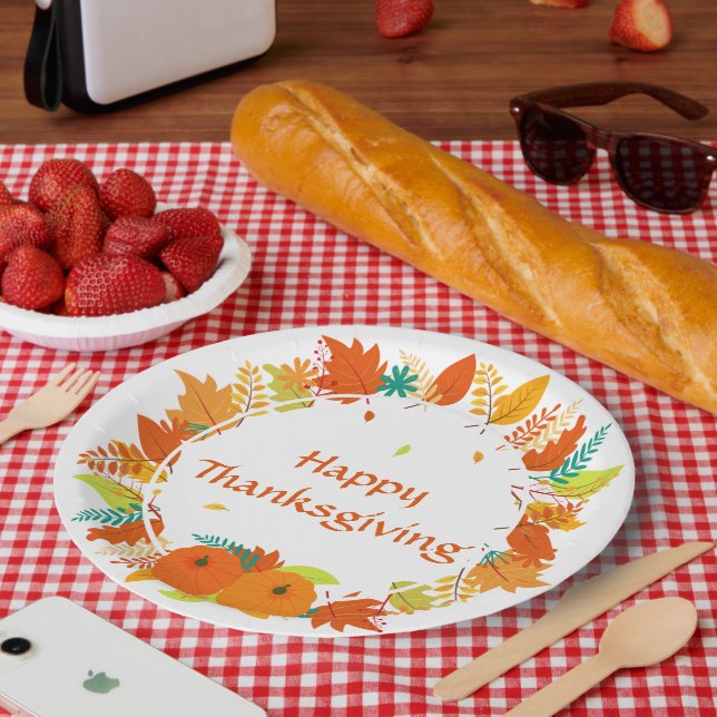 Happy Thanksgiving Autumn Leaves Wreath Paper Plates (Picnic)