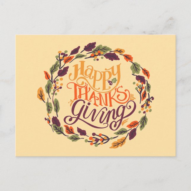 Happy Thanksgiving Autumn Leaves Wreath Typography Holiday Postcard (Front)