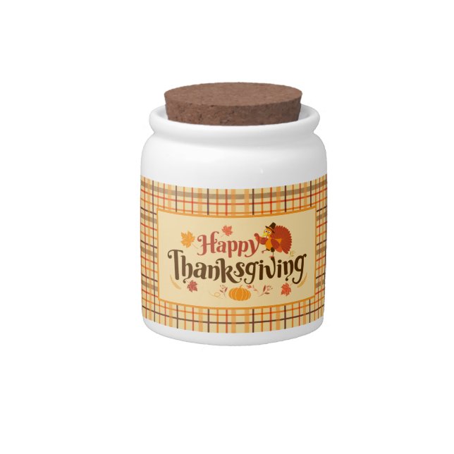 Happy Thanksgiving Autumn Plaid  Candy Jar (Front)