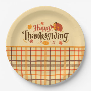 Happy Thanksgiving Autumn Plaid Paper Plates
