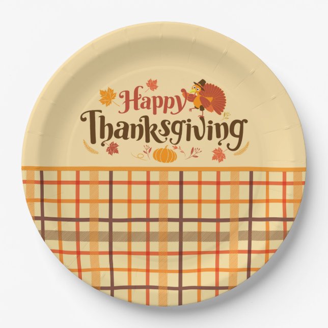 Happy Thanksgiving Autumn Plaid  Paper Plates (Front)