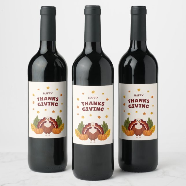 Happy Thanksgiving Autumn Pumpkin Wine Label (Bottles)