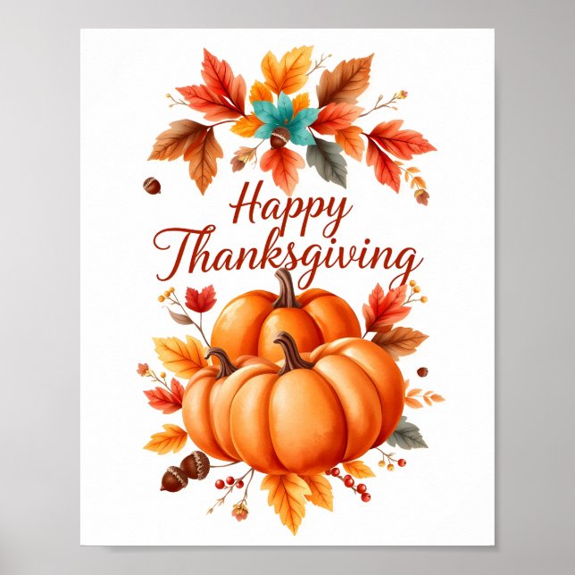 Happy Thanksgiving – Autumn Pumpkins and Fall Leav Poster (Front)