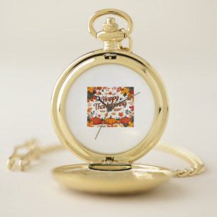 Happy Thanksgiving – Autumn Pumpkins & Fall Leaves Pocket Watch