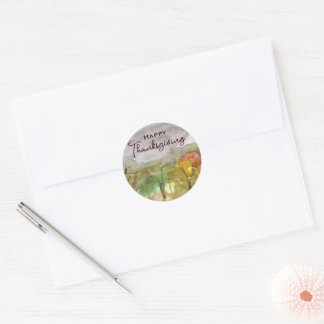 Happy Thanksgiving Autumn Trees Stormy Grey Skies Classic Round Sticker