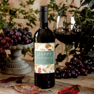 Happy Thanksgiving Autumn Watercolor Pattern Wine Label