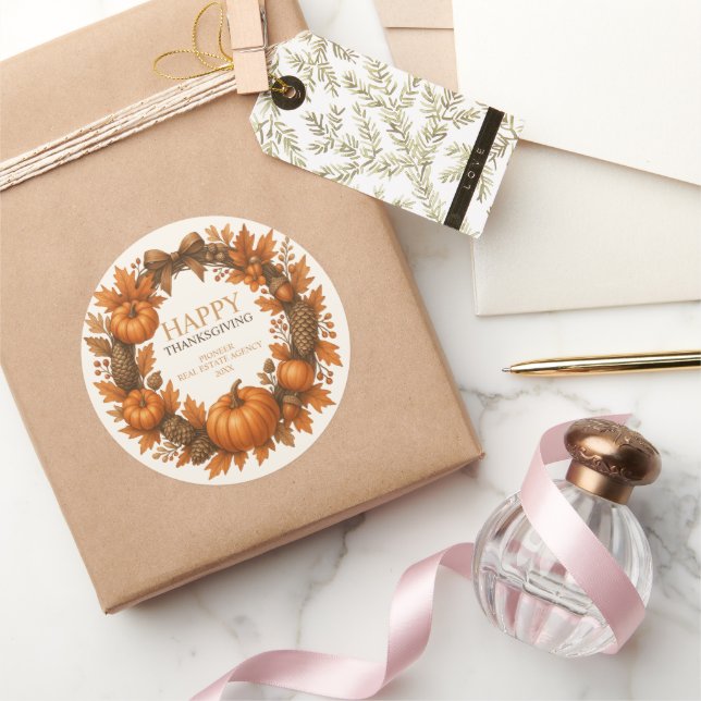 Happy Thanksgiving Autumn Wreath Corporate Classic Round Sticker (Gifting)