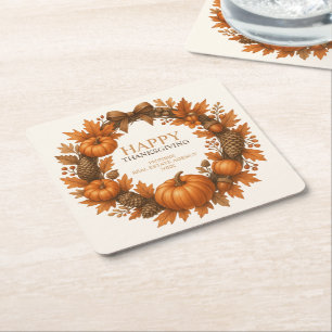 Happy Thanksgiving Autumn Wreath Elegant Square Paper Coaster