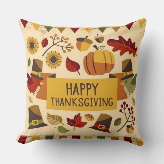 Happy Thanksgiving Banner Throw Pillow (Front)