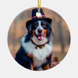 Happy Thanksgiving Bernese Mountain Dog Pilgrim Ceramic Ornament