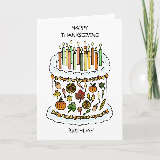 Happy Thanksgiving Birthday Cake and Candles Card (Front)