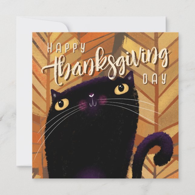 Happy Thanksgiving Black Cat Autumn Fall Holiday Card (Front)