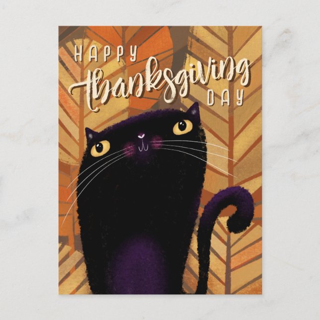 Happy Thanksgiving Black Cat Autumn Fall Postcard (Front)