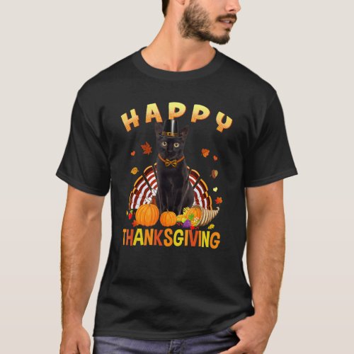 Happy Thanksgiving Black Cat Turkey Pilgrim Hat    T_Shirt