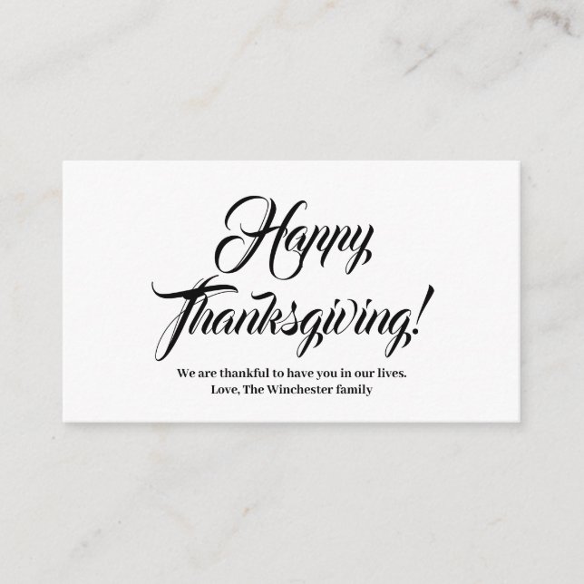 Happy Thanksgiving black custom script elegant Enclosure Card (Front)