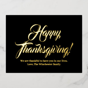 Happy Thanksgiving black custom script elegant Foil Holiday Postcard