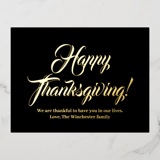 Happy Thanksgiving black custom script elegant Foil Holiday Postcard (Front)
