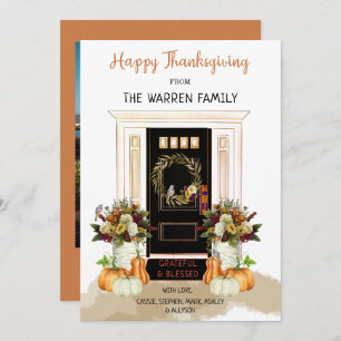Happy Thanksgiving Black Door   Pumpkins Photo Holiday Card