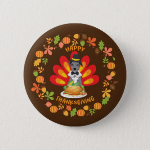 Happy Thanksgiving Blue Nose Pitbull Pup Fall Leaf Button