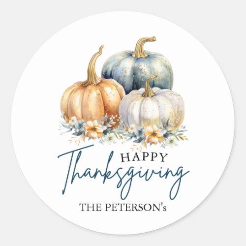 Happy Thanksgiving Blue Orange Gold Pumpkins Classic Round Sticker