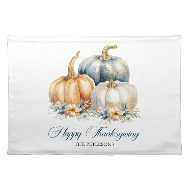 Happy Thanksgiving Blue Orange Gold Pumpkins Cloth Placemat (Front)