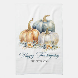 Happy Thanksgiving Blue Orange Gold Pumpkins Kitchen Towel