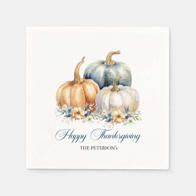 Happy Thanksgiving Blue Orange Gold Pumpkins Napkins (Front)