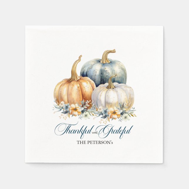 Happy Thanksgiving Blue Orange Gold Pumpkins Napkins (Front)