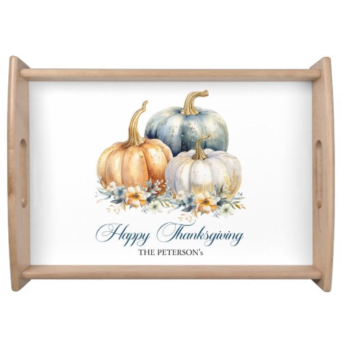 Happy Thanksgiving Blue Orange Gold Pumpkins Serving Tray