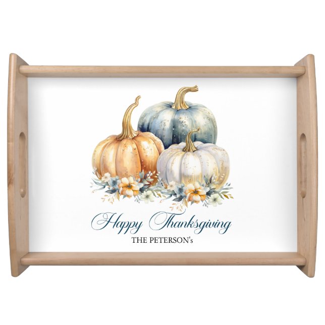 Happy Thanksgiving Blue Orange Gold Pumpkins Serving Tray (Front)