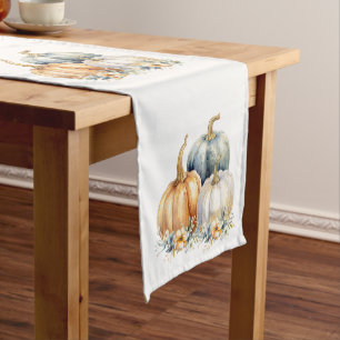 Happy Thanksgiving Blue Orange Gold Pumpkins Short Table Runner