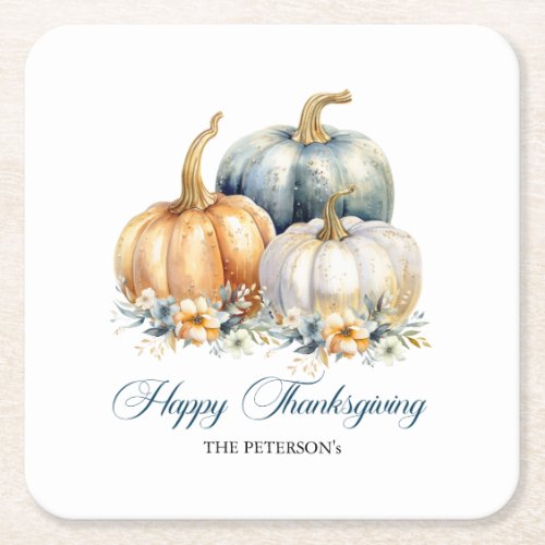 Happy Thanksgiving Blue Orange Gold Pumpkins Square Paper Coaster