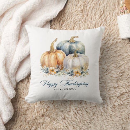 Happy Thanksgiving Blue Orange Gold Pumpkins Throw Pillow