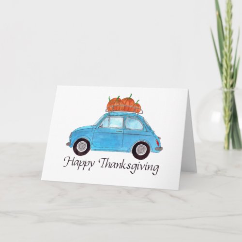 Happy Thanksgiving Blue Retro Fiat 500 Card