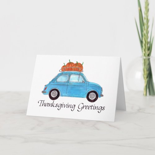 Happy Thanksgiving Blue Retro Fiat 500 Card