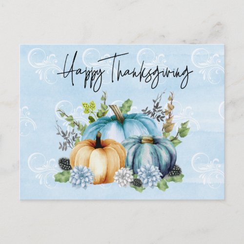 Happy Thanksgiving Blue Watercolor Pumpkin Postcard