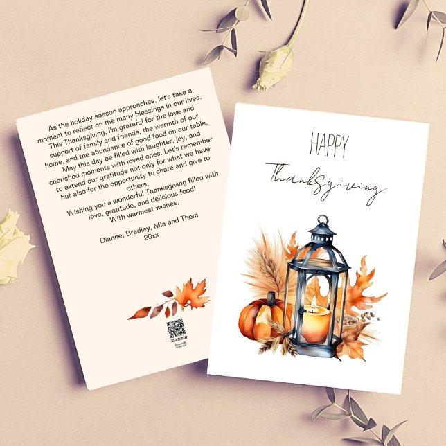 Happy Thanksgiving boho pumpkin lantern watercolor Holiday Card (Happy Thanksgiving boho minimalist greeting card template watercolor lantern pumpkin pampas grass)